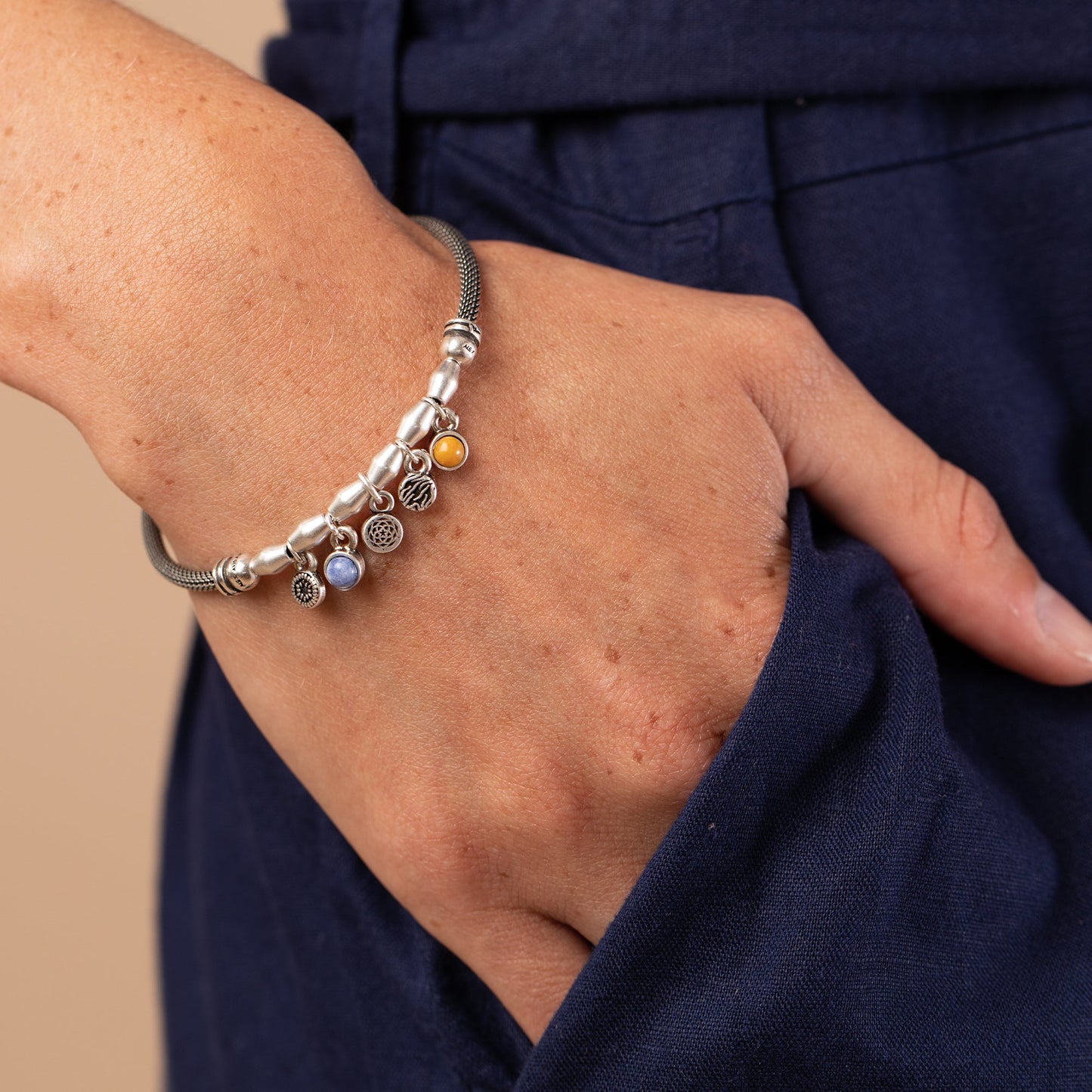 New Beginnings + Gemstone Multi-Charm Mesh Cuff Bracelet