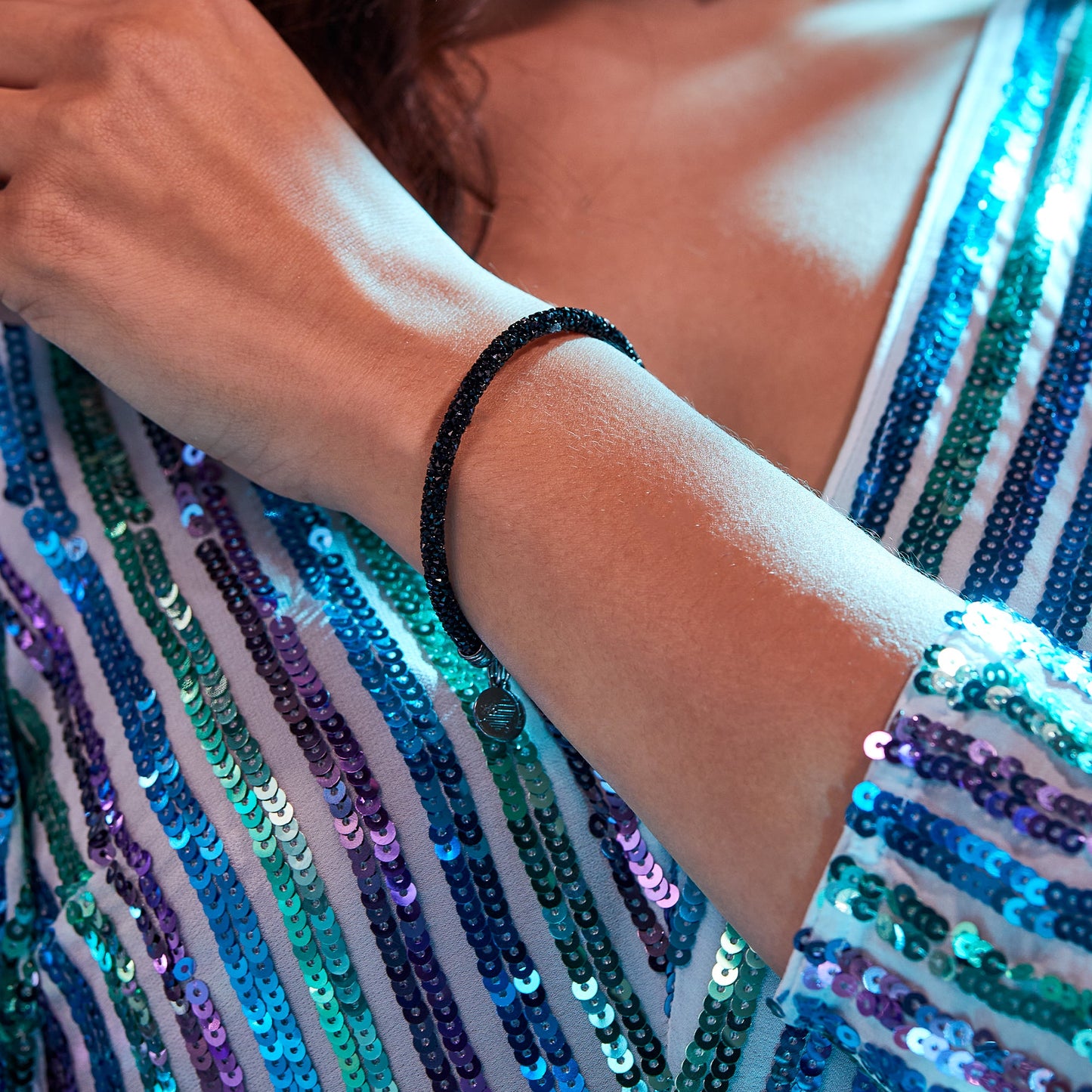 Crystal Fine Rocks Beaded Bangle, Black