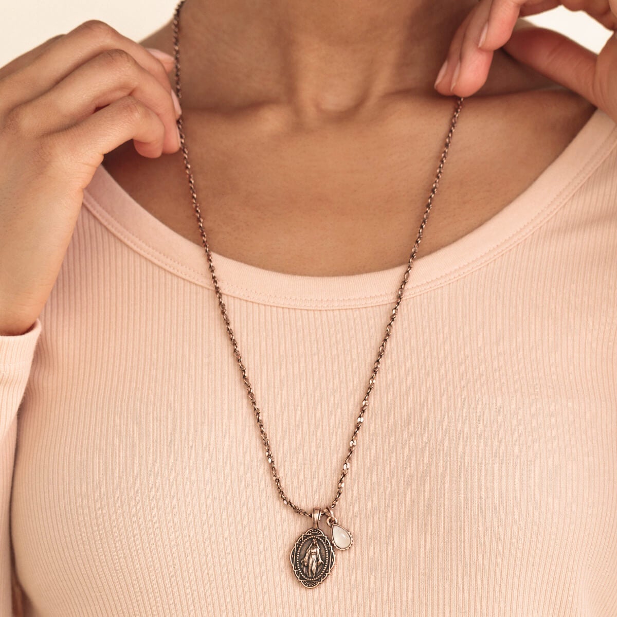 Rose Quartz Gemstone + Mother Mary Duo Charm Necklace