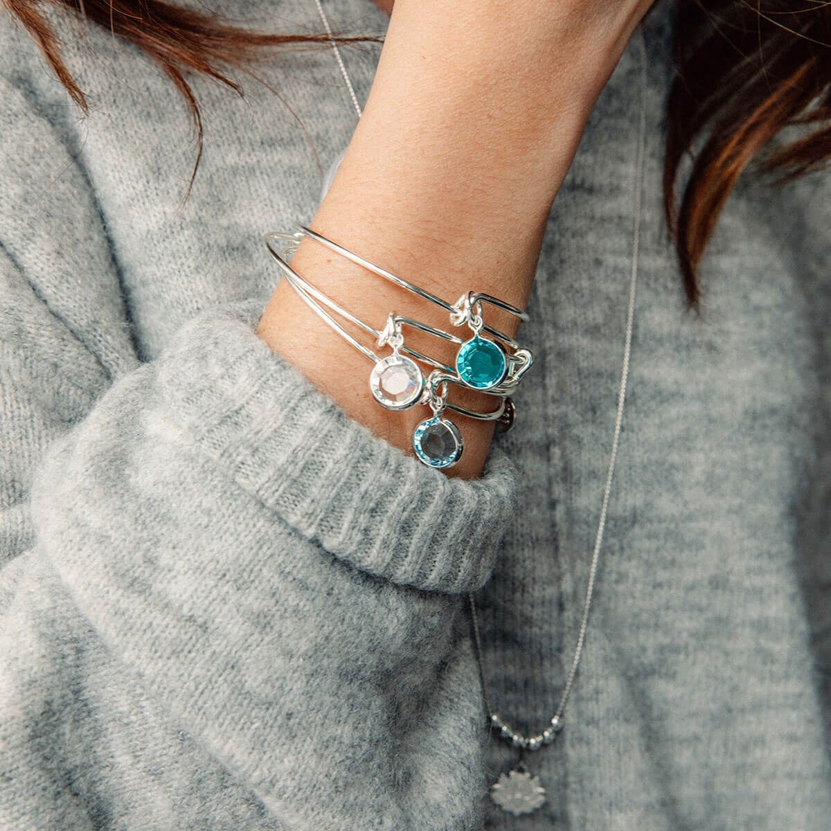 Blue Zircon Birthstone Charm Bangle, December