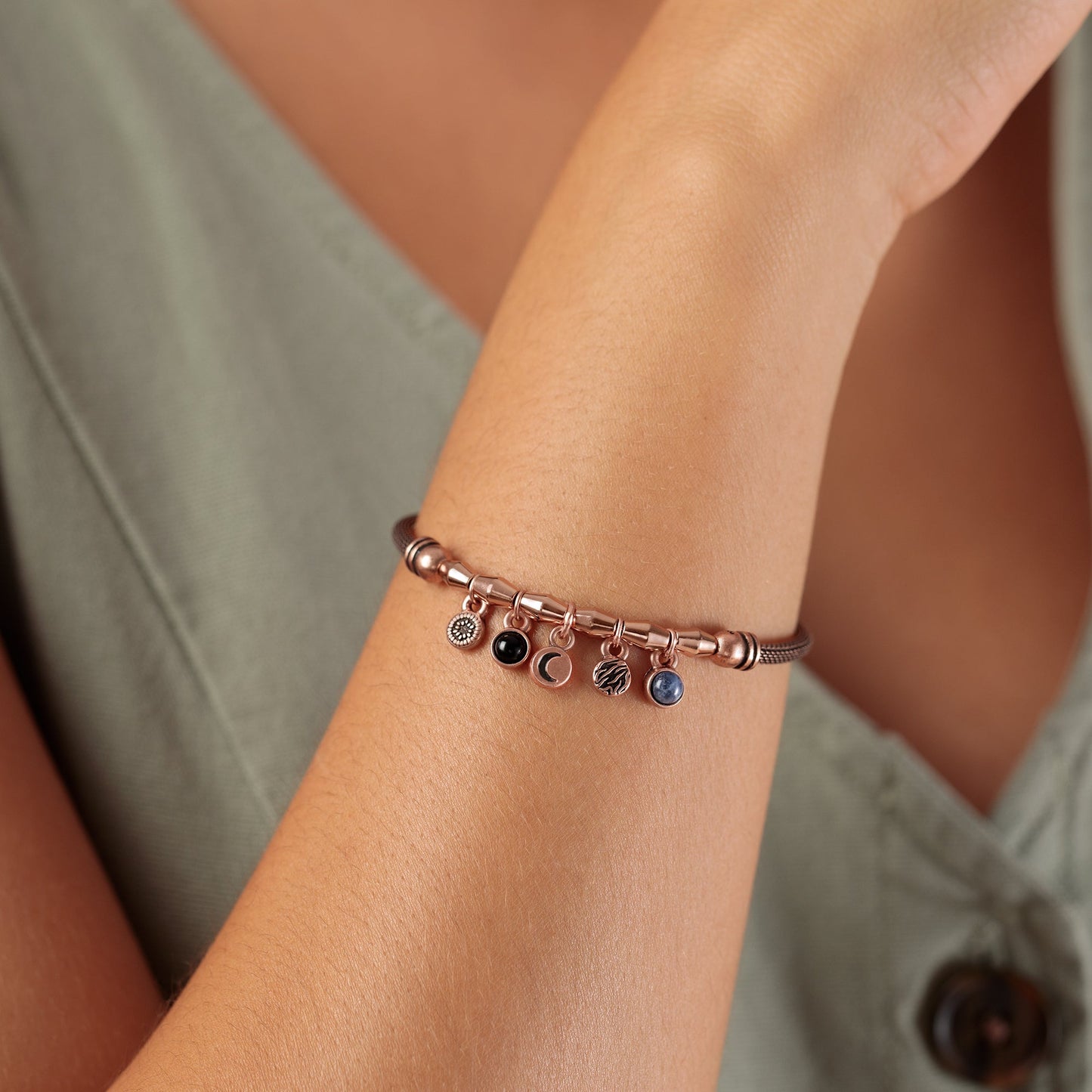 Crescent Moon + Gemstone Multi-Charm Mesh Cuff Bracelet