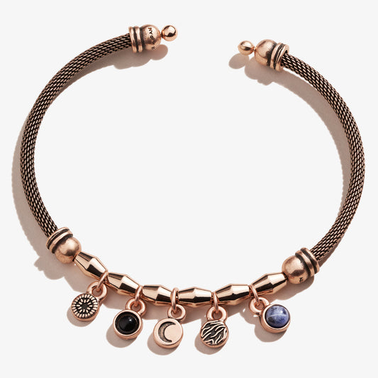 Crescent Moon + Gemstone Multi-Charm Mesh Cuff Bracelet
