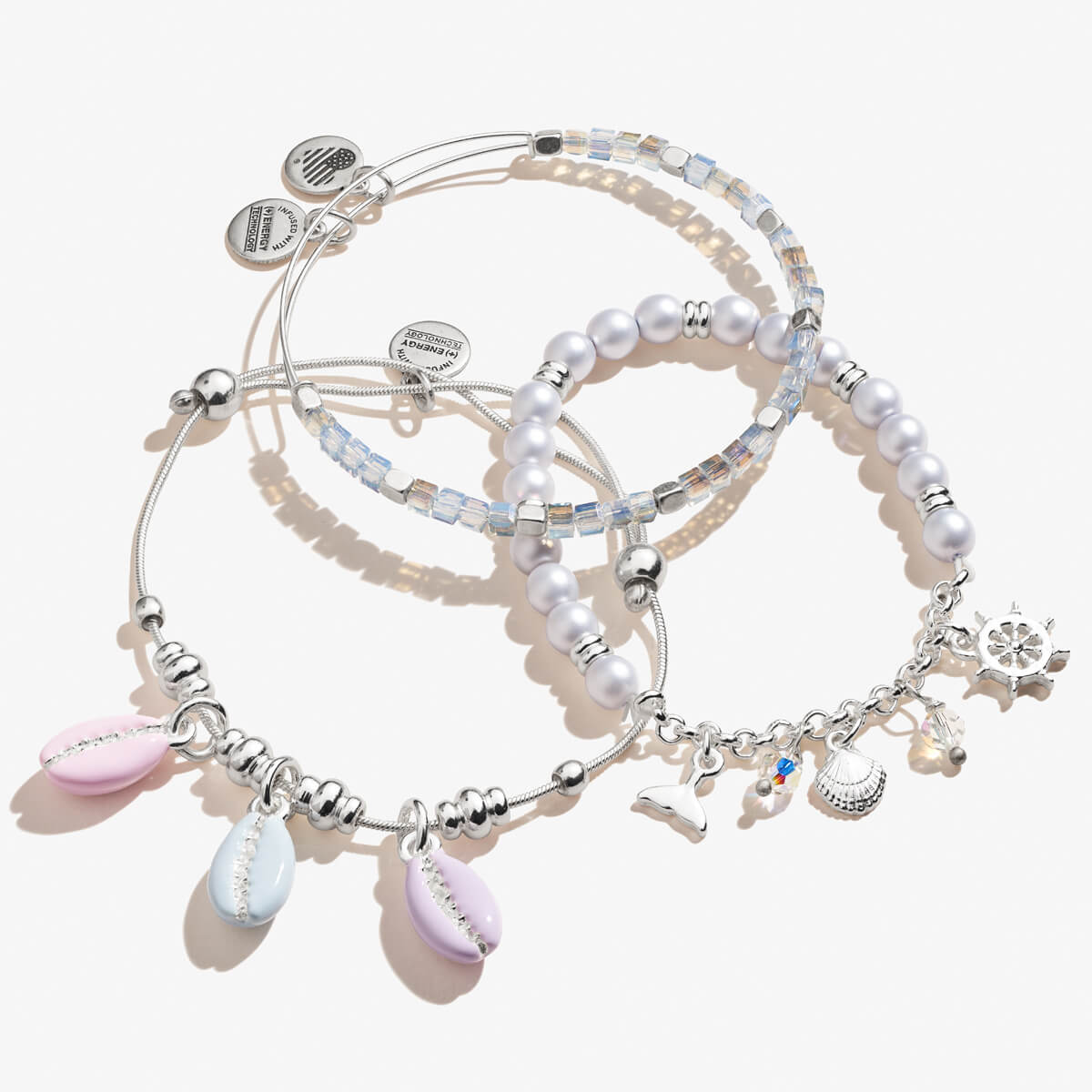 Cowrie Shell Bracelets, Set of 3, Silver