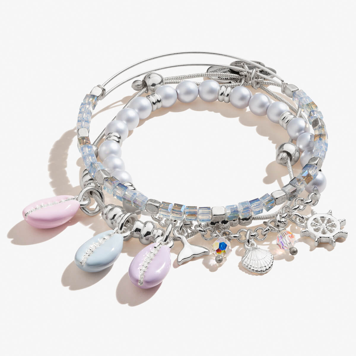 Cowrie Shell Bracelets, Set of 3, Silver