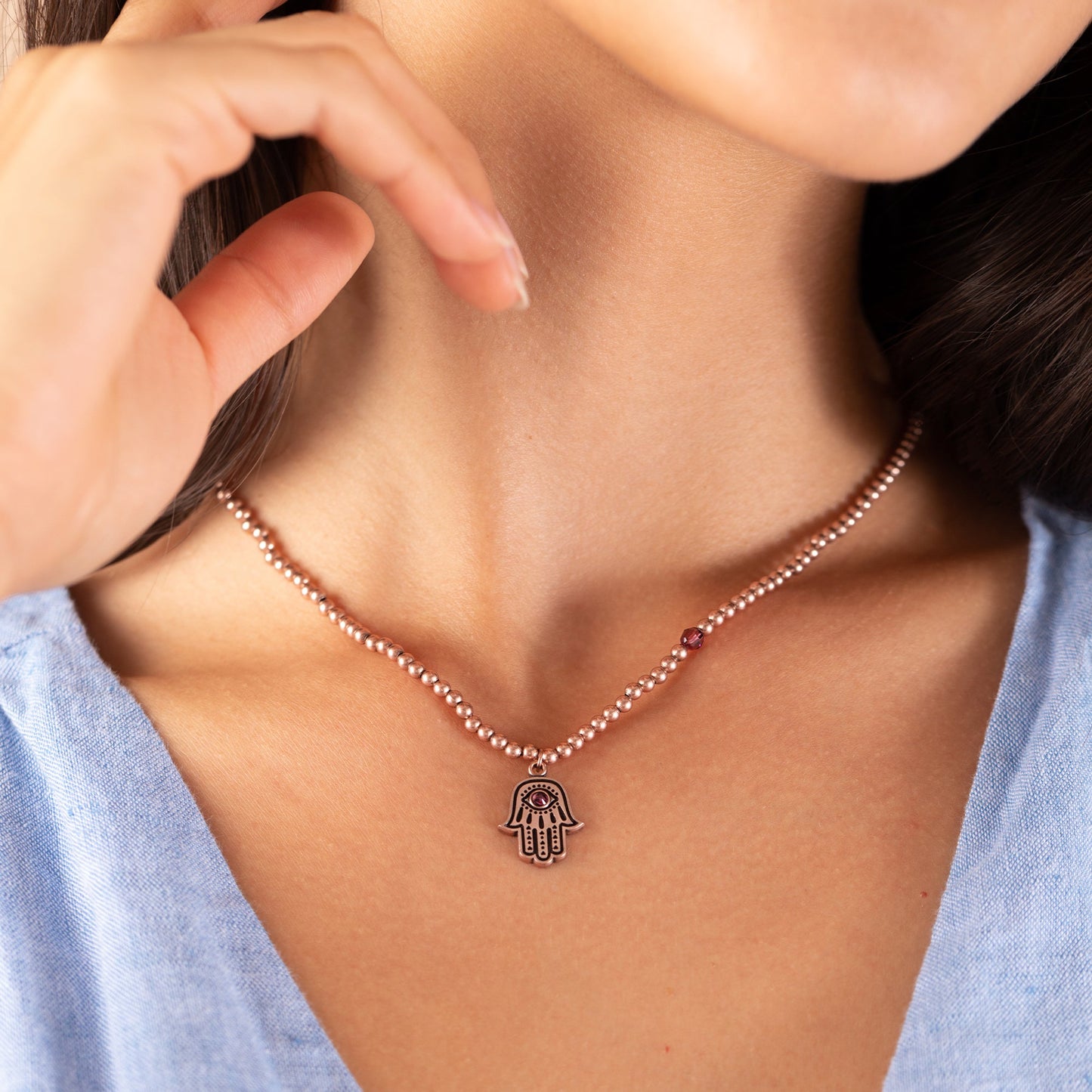 Hamsa Crystal Charm Beaded Necklace