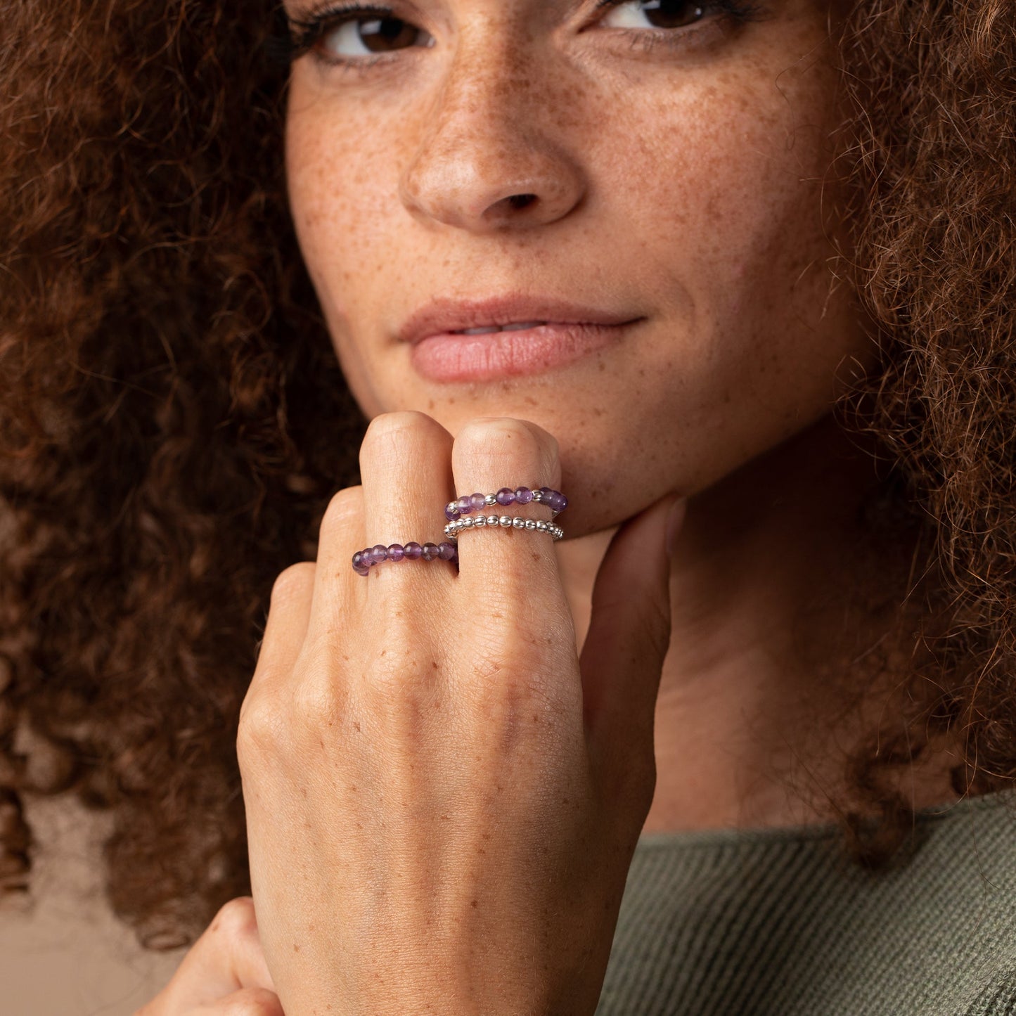 Amethyst Gemstone Stretch Rings, Set of 3