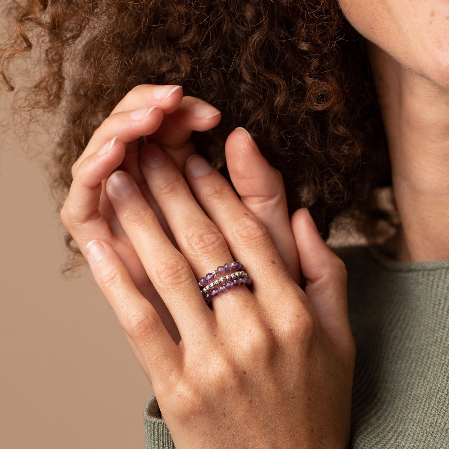 Amethyst Gemstone Stretch Rings, Set of 3