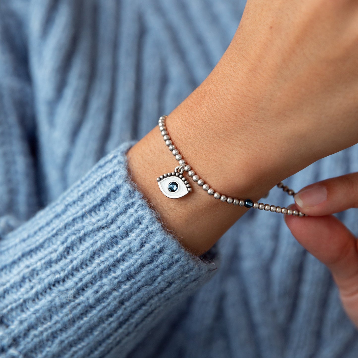 Evil Eye Crystal Charm Beaded Stretch Bracelet