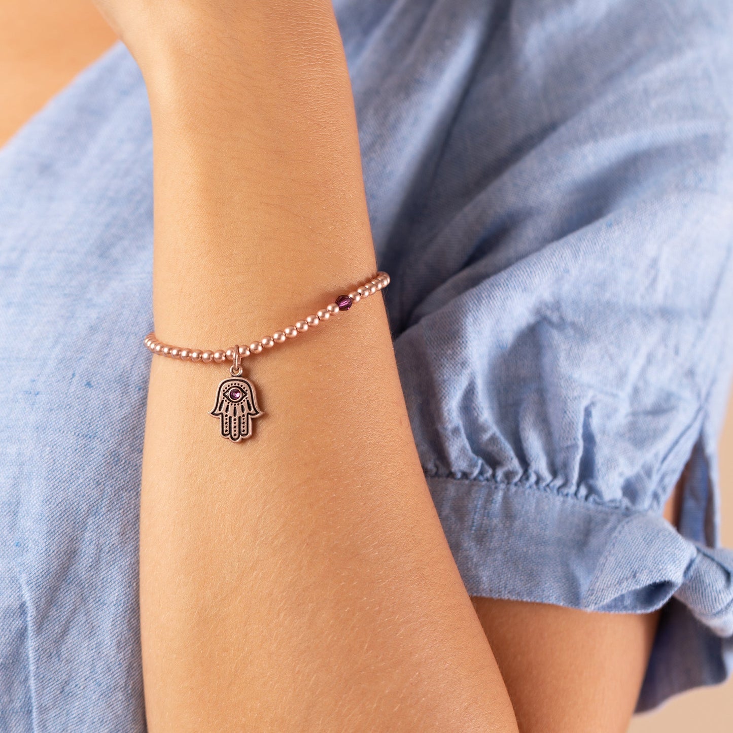 Hamsa Crystal Charm Beaded Stretch Bracelet