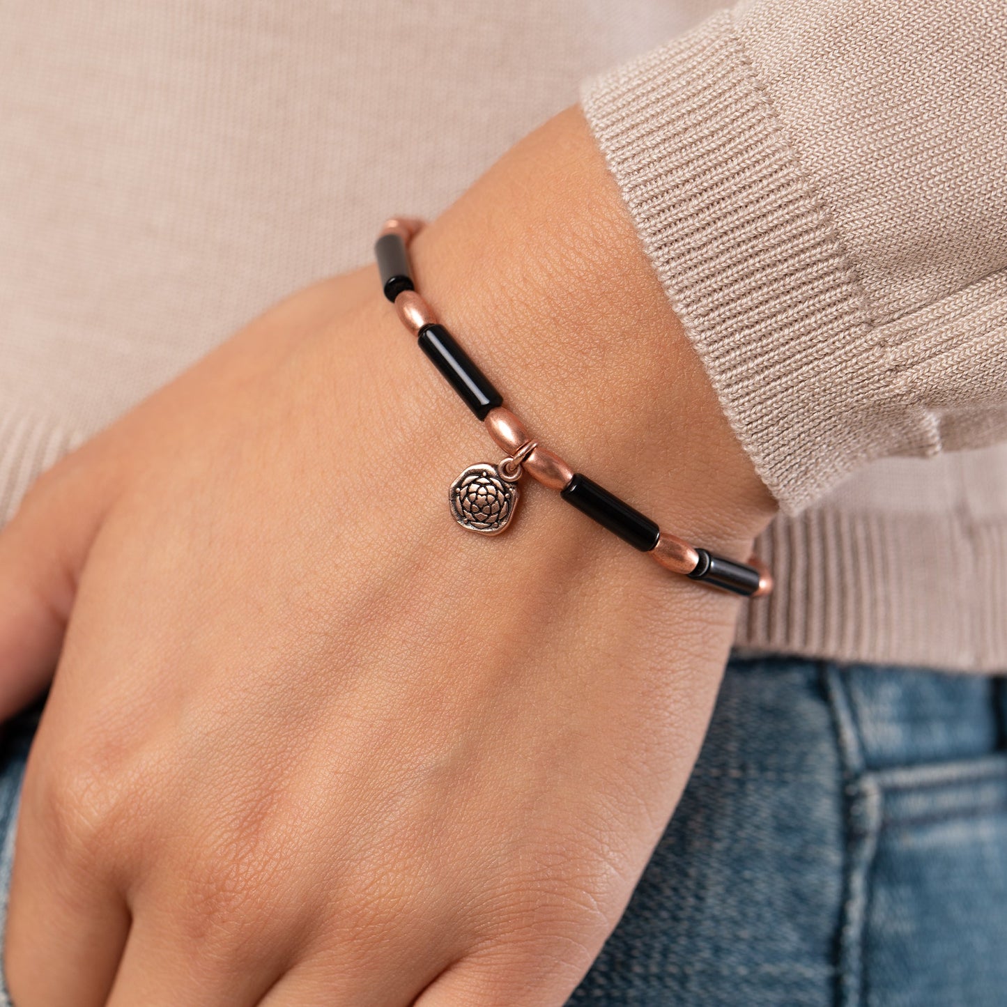 New Beginnings Charm + Onyx Stretch Bracelet