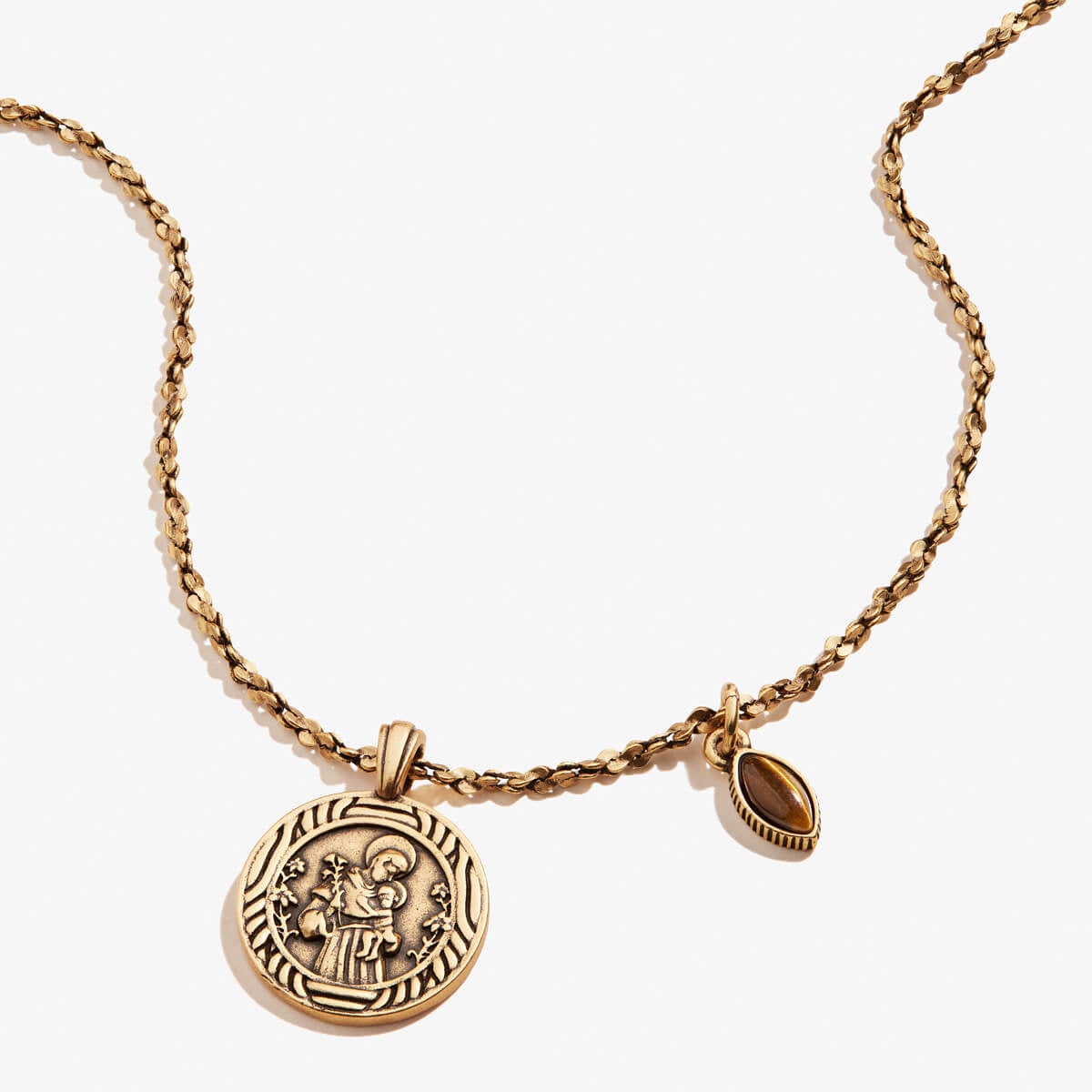 Tiger's Eye Gemstone + Saint Anthony Duo Charm Necklace