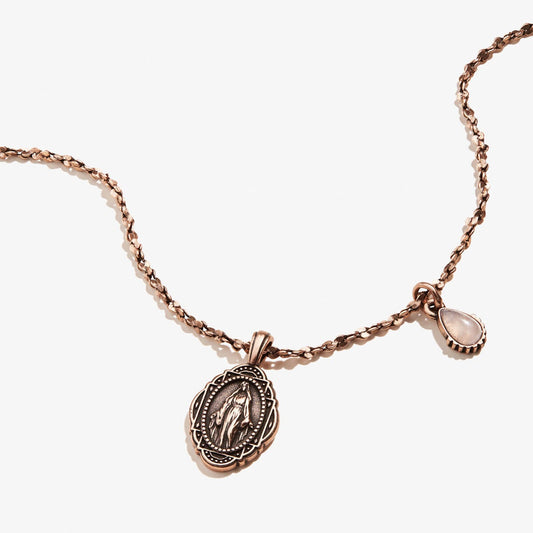 Rose Quartz Gemstone + Mother Mary Duo Charm Necklace