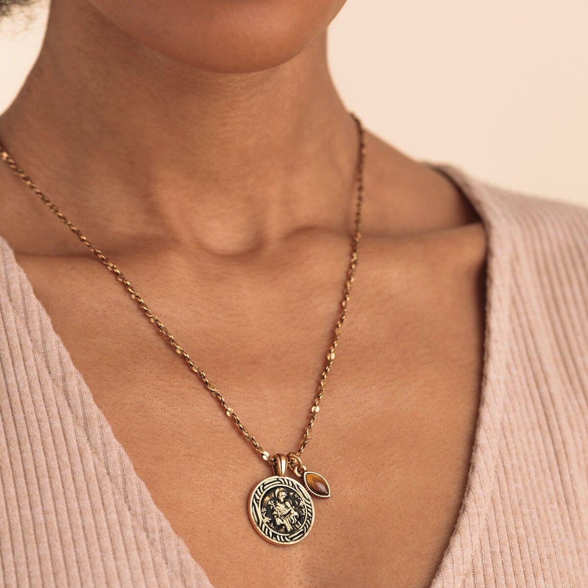 Tiger's Eye Gemstone + Saint Anthony Duo Charm Necklace