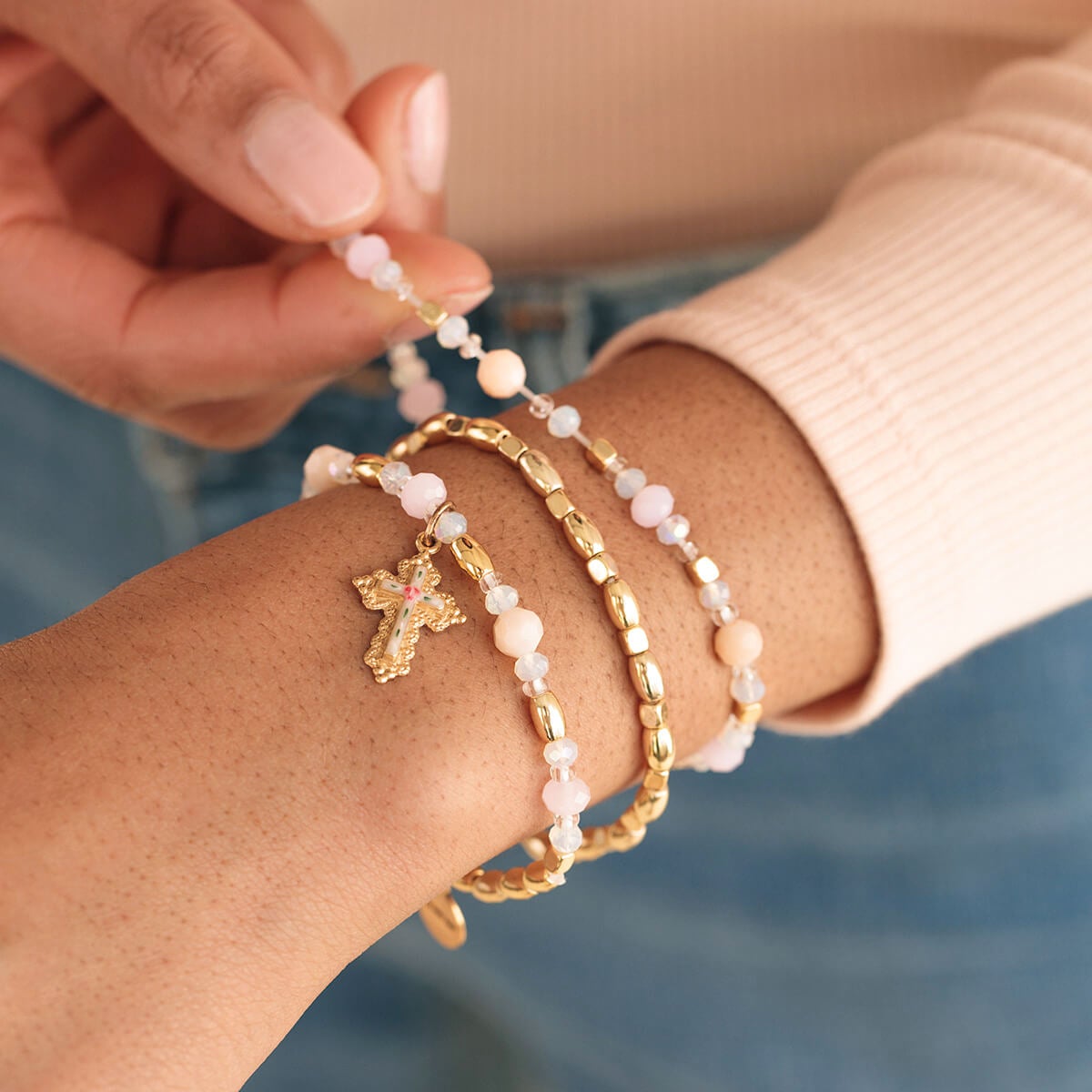 Floral Cross Stretch Bracelets, Set of 3